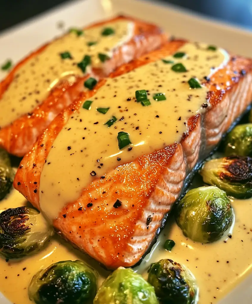 Gebratener Lachs mit geröstetem Rosenkohl und cremiger Pfeffersauce
