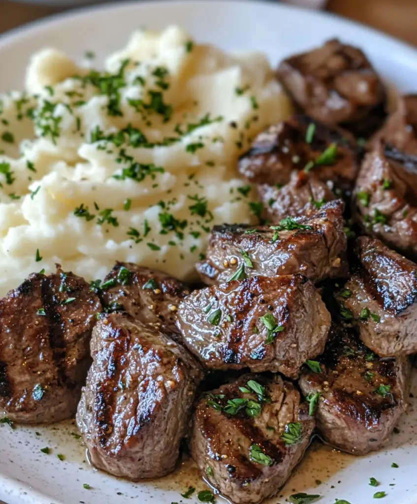Knoblauchbutter-Rinderbissen mit Kartoffelpüree