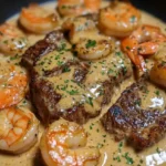 Ein kulinarisches Erlebnis: Cremiges Cheddar-Steak mit Garnelen.
