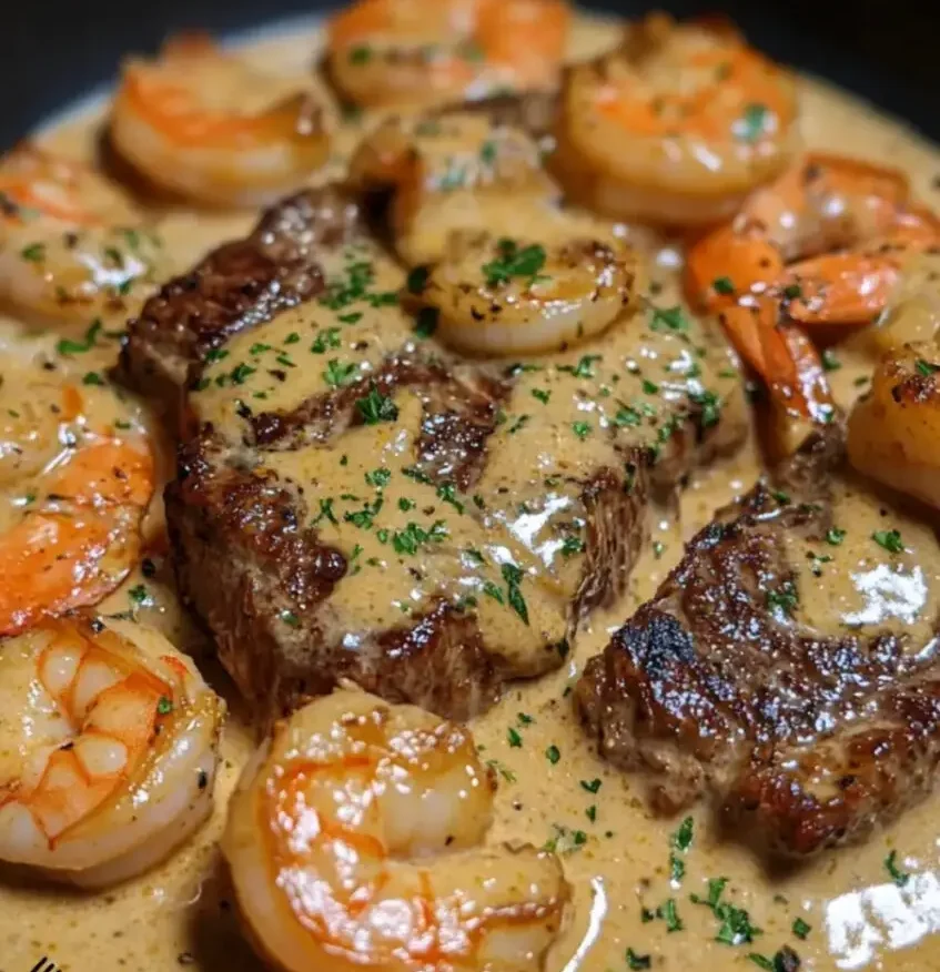 Ein kulinarisches Erlebnis: Cremiges Cheddar-Steak mit Garnelen.