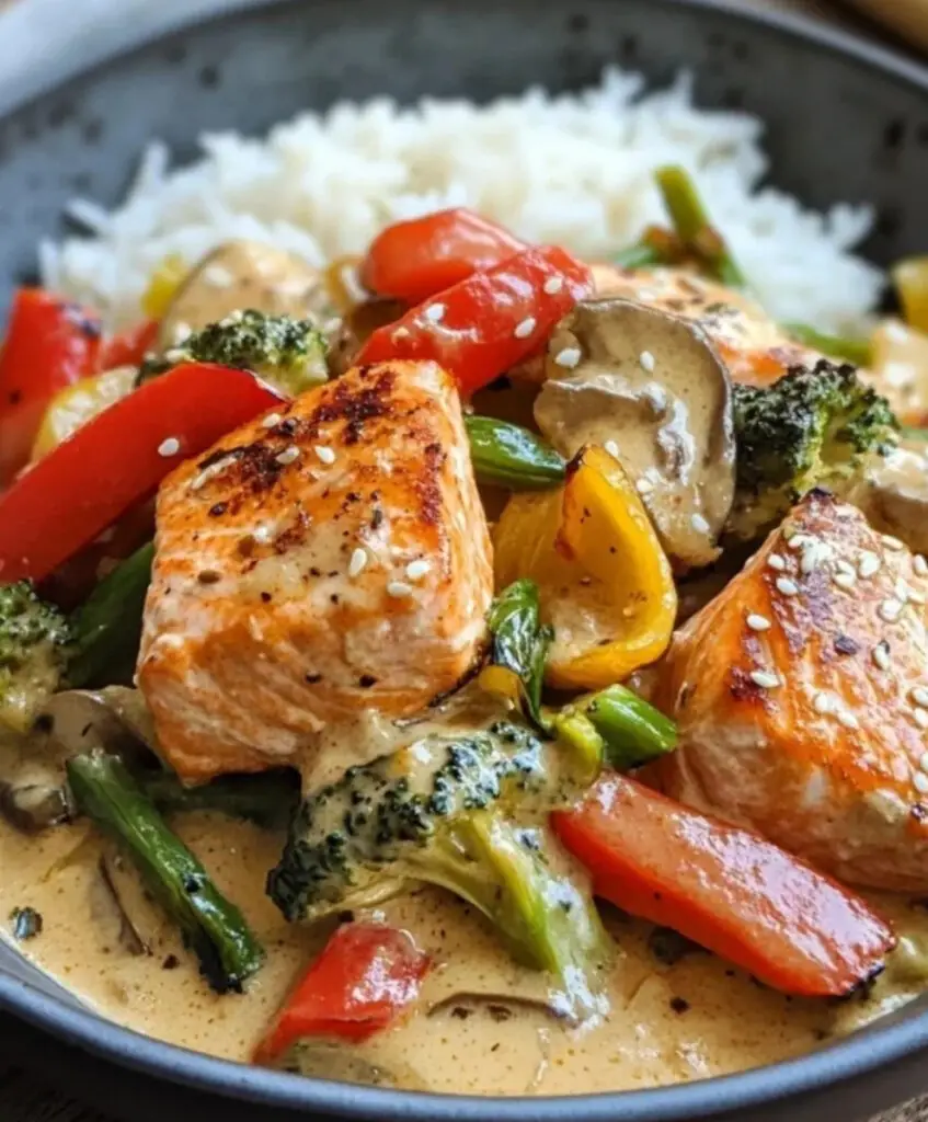 Cremige Kokos-Lachs-Gemüsepfanne für ein schnelles Abendessen
