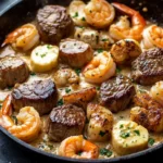 Steak und Meeresfrüchte Pfanne mit Knoblauch-Parmesan-Cremesauce