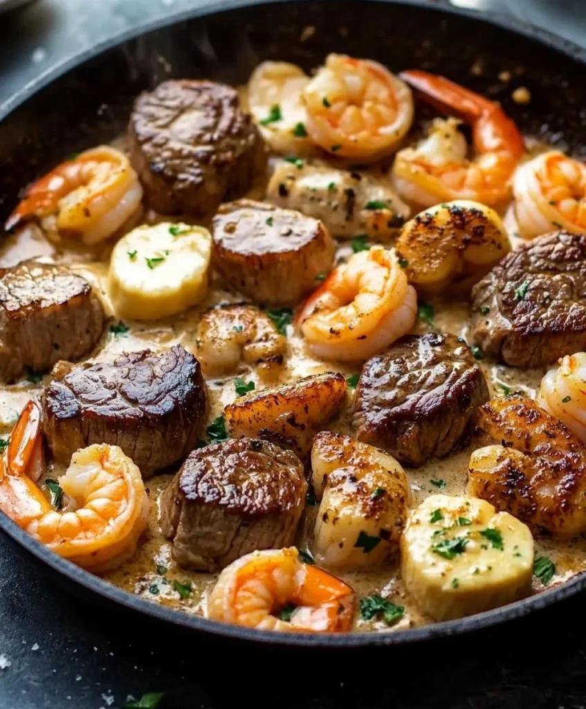 Steak und Meeresfrüchte Pfanne mit Knoblauch-Parmesan-Cremesauce