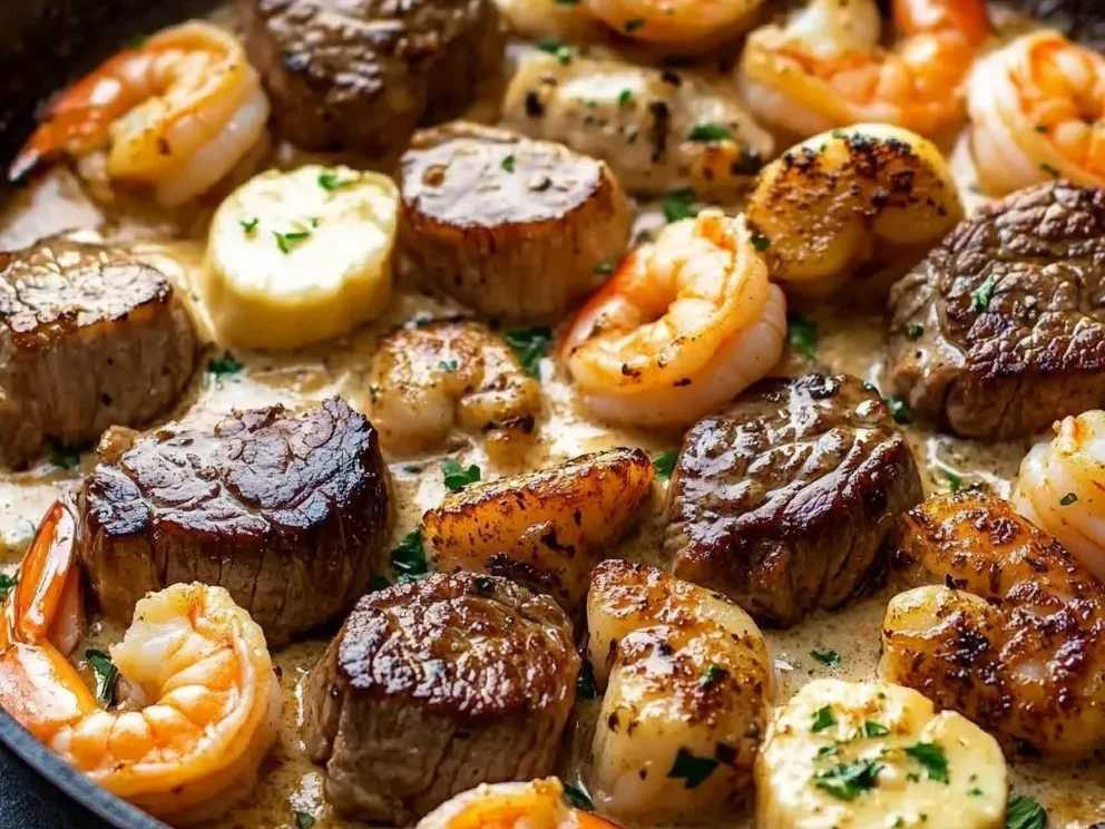 Steak und Meeresfrüchte Pfanne mit Knoblauch-Parmesan-Cremesauce