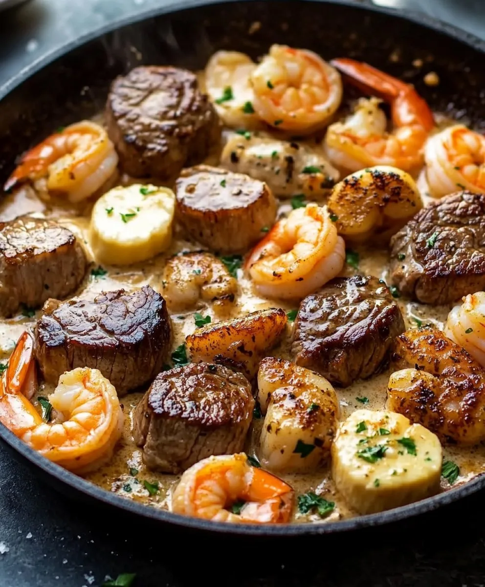 Steak und Meeresfrüchte Pfanne mit Knoblauch-Parmesan-Cremesauce