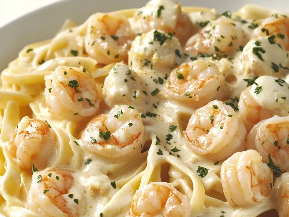 Cremige Knoblauch-Garnelen Fettuccine Alfredo