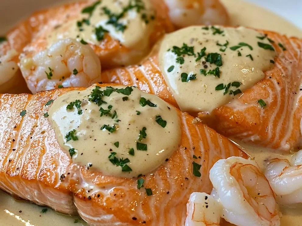 Gourmet Garnelen und Lachs mit Knoblauch-Sahnesauce