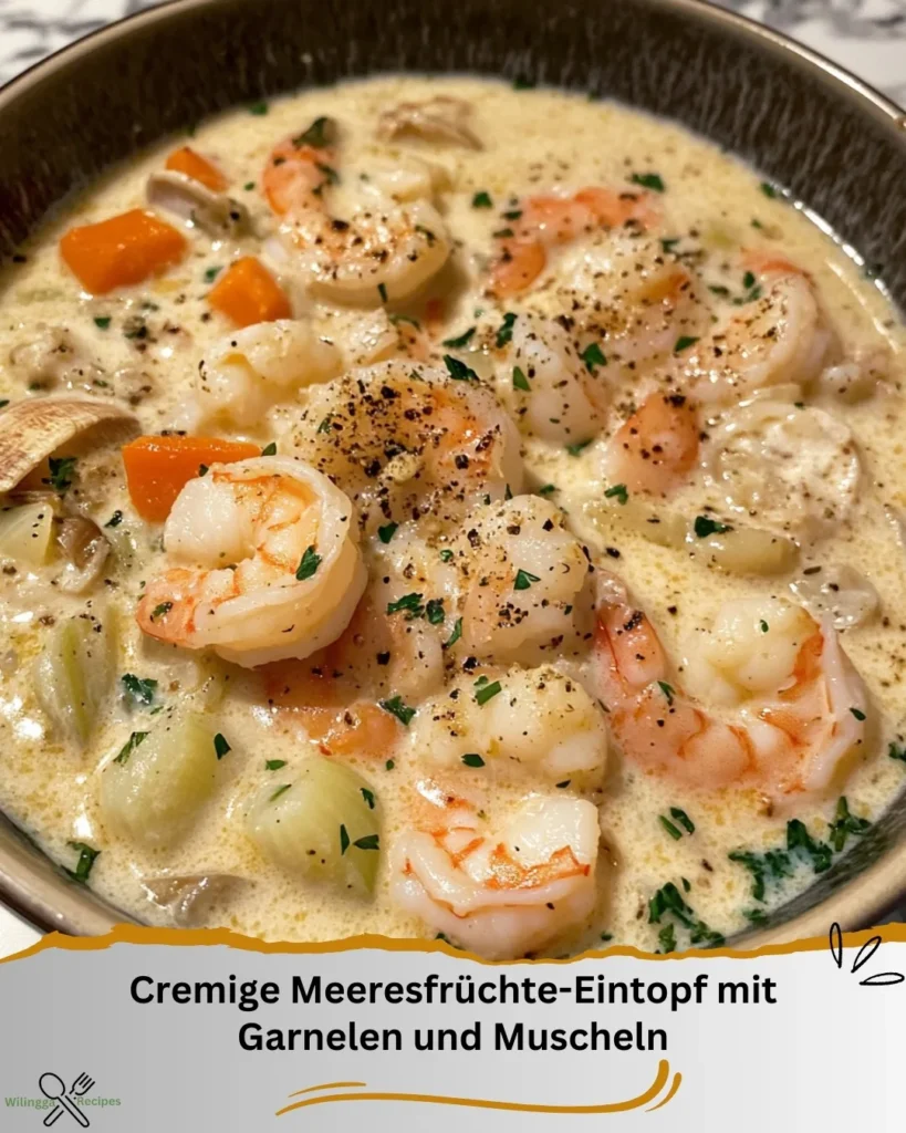 Cremige Meeresfrüchte-Eintopf mit Garnelen und Muscheln