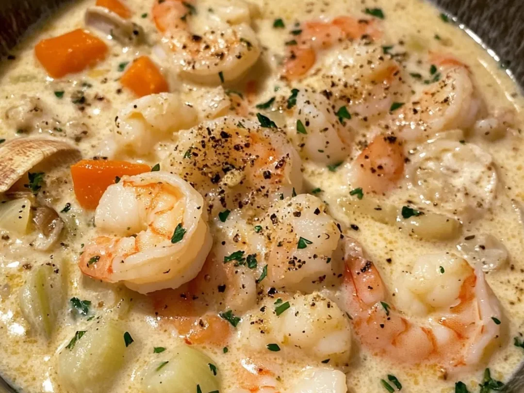 Cremige Meeresfrüchte-Eintopf mit Garnelen und Muscheln