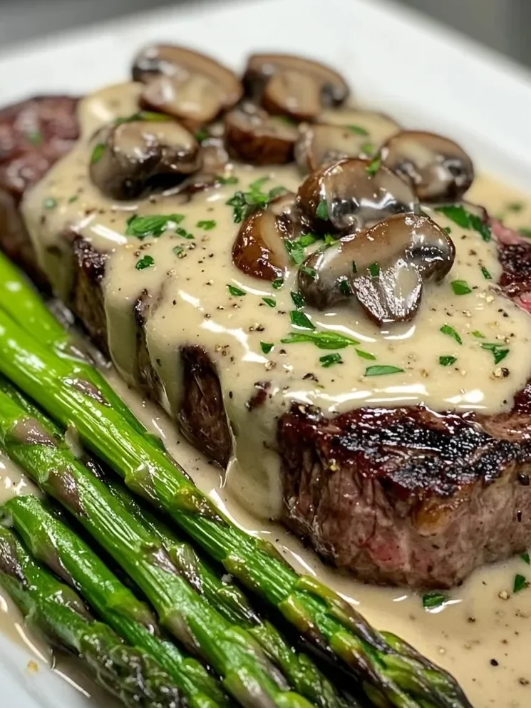 Steak mit cremiger Pilzsauce und Spargel