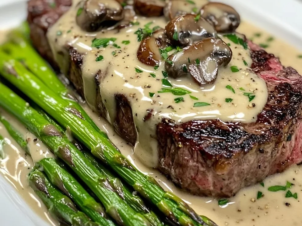 Steak mit cremiger Pilzsauce und Spargel
