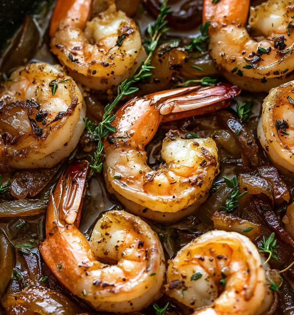 Genieße Garnelen in Knoblauch-Kräuter-Butter mit karamellisierten Zwiebeln!