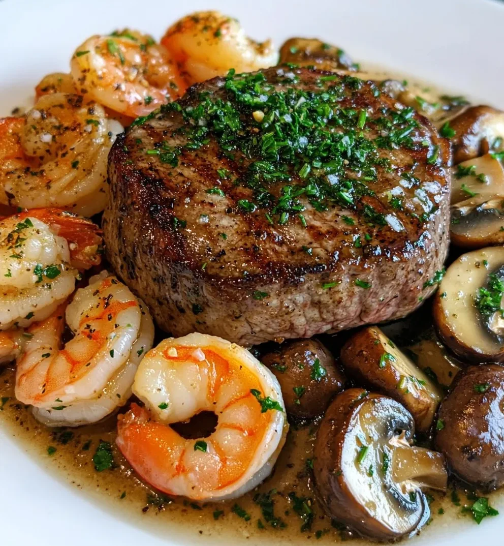 Surf and Turf Filet mit Knoblauchpilzen – ein Genuss für Feinschmecker.