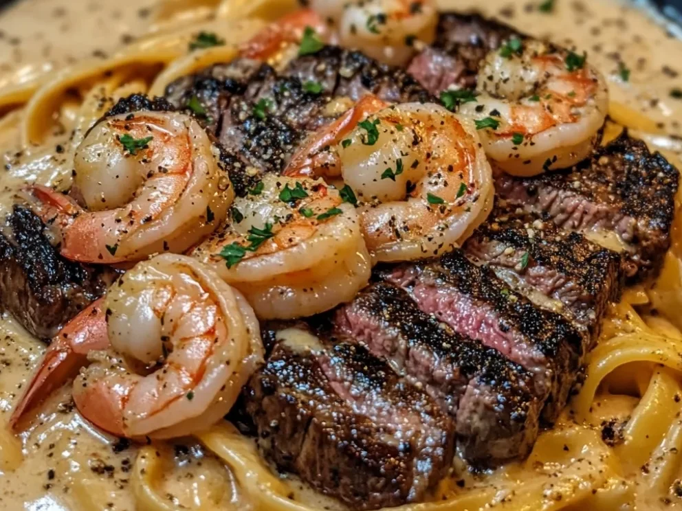 Cajun Garnelen und Steak Alfredo Pasta