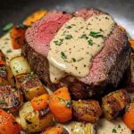Rinderfilet mit Knoblauch-Dijon-Sahnesauce und geröstetem Gemüse