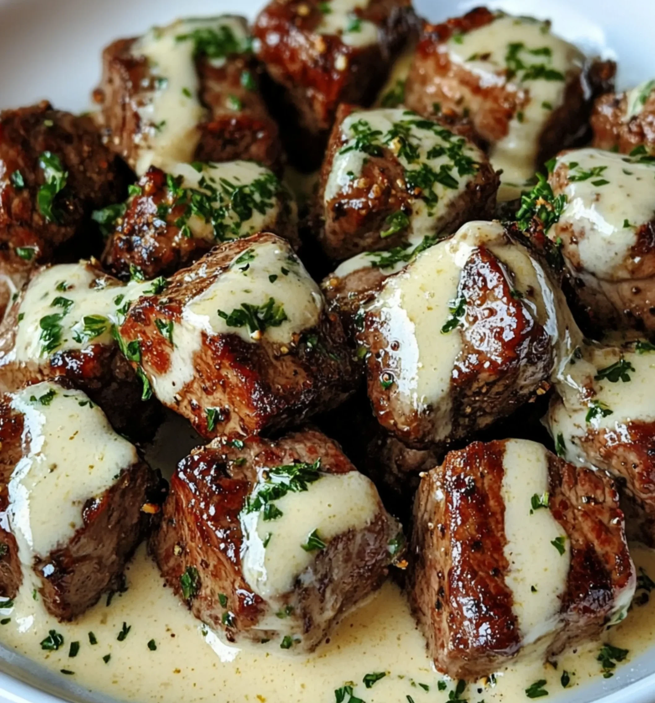 Genießen Sie Knoblauchbutter-Steakbissen mit einer cremigen Parmesan-Sauce.