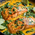 Genießen Sie ein Ein-Pfannen-Kokosnuss-Curry mit Lachs und Knoblauchbutter.