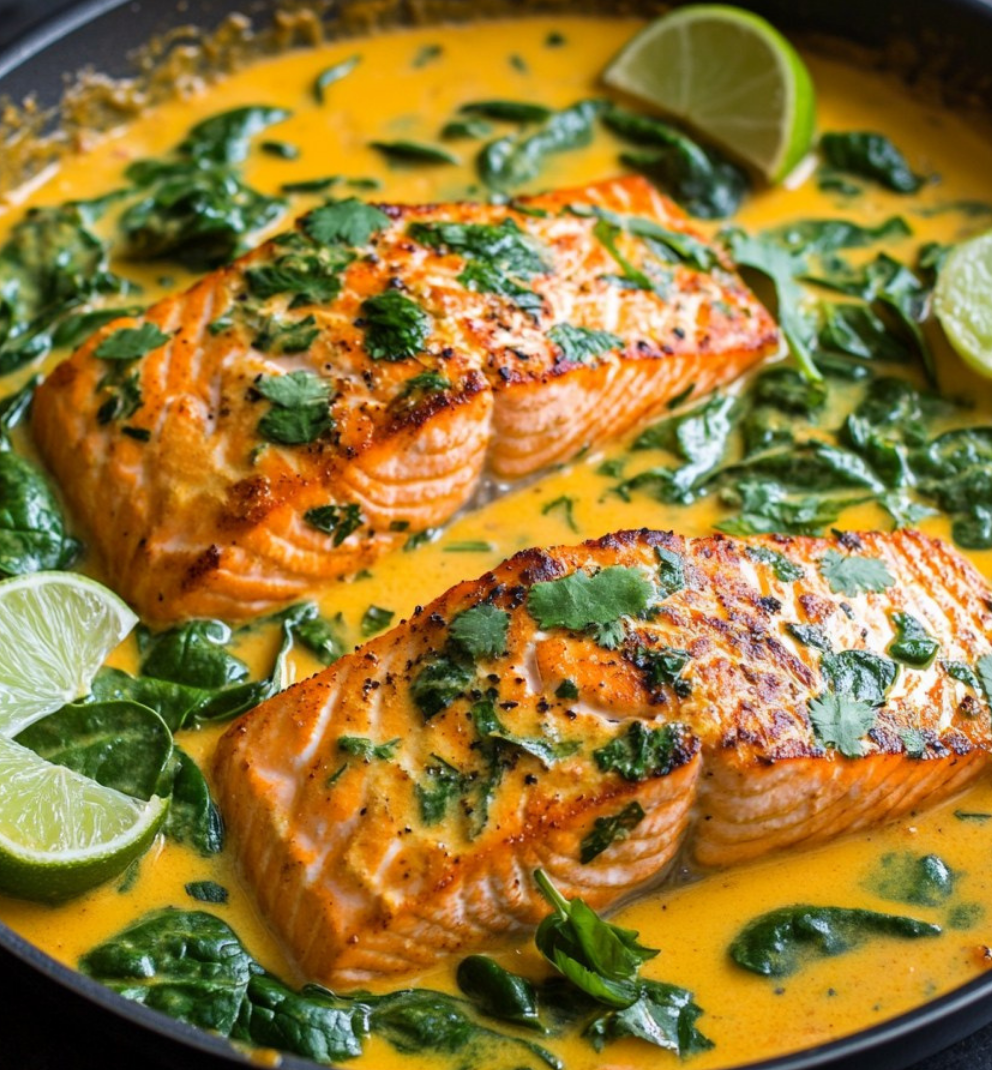 Genießen Sie ein Ein-Pfannen-Kokosnuss-Curry mit Lachs und Knoblauchbutter.