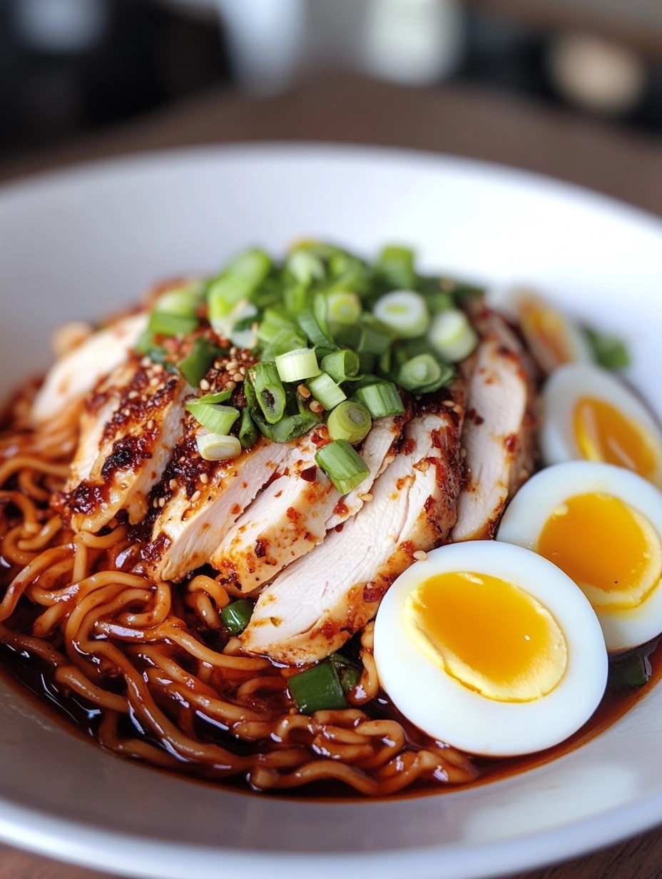 Feuriges Hühnchen-Ramen mit cremiger Knoblauchsauce begeistert!