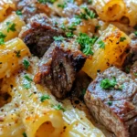 Knoblauchbutter Steakstücke mit Käse-Rigatoni