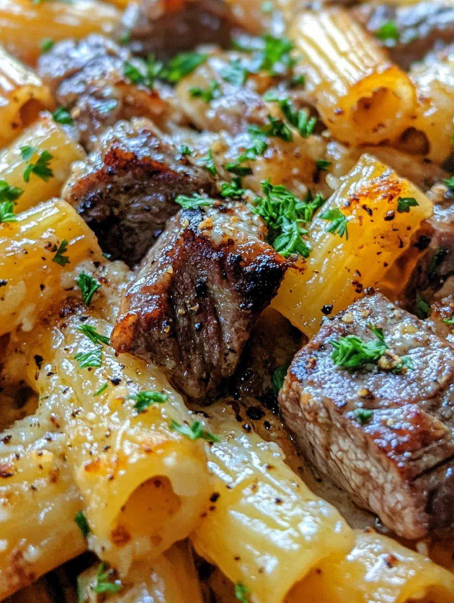 Knoblauchbutter Steakstücke mit Käse-Rigatoni