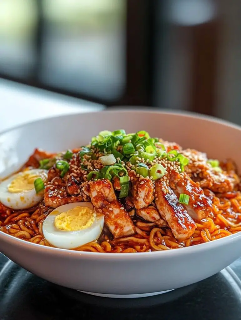 Feuriges Hühnchen-Ramen mit cremiger Knoblauchsauce begeistert!