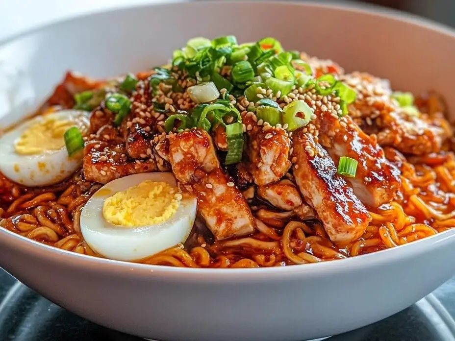 Feuriges Hühnchen-Ramen mit cremiger Knoblauchsauce begeistert!