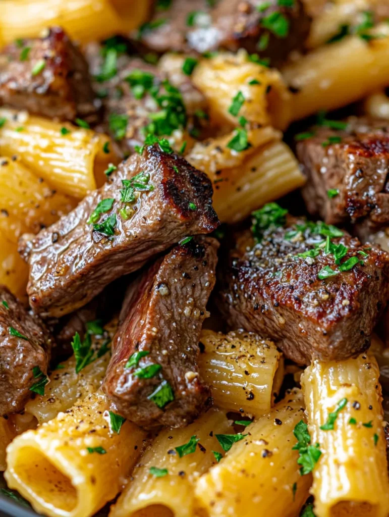 Knoblauchbutter Steakstücke mit Käse-Rigatoni