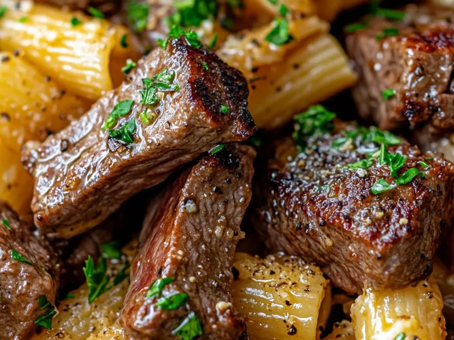 Knoblauchbutter Steakstücke mit Käse-Rigatoni