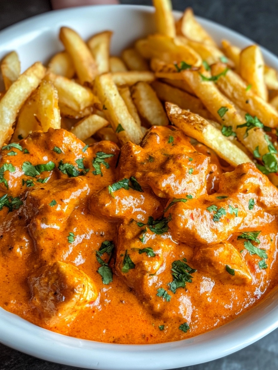 Butter Chicken mit Knoblauchsauce und Pommes genießen!