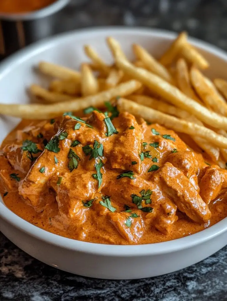 Butter Chicken mit Knoblauchsauce und Pommes genießen!