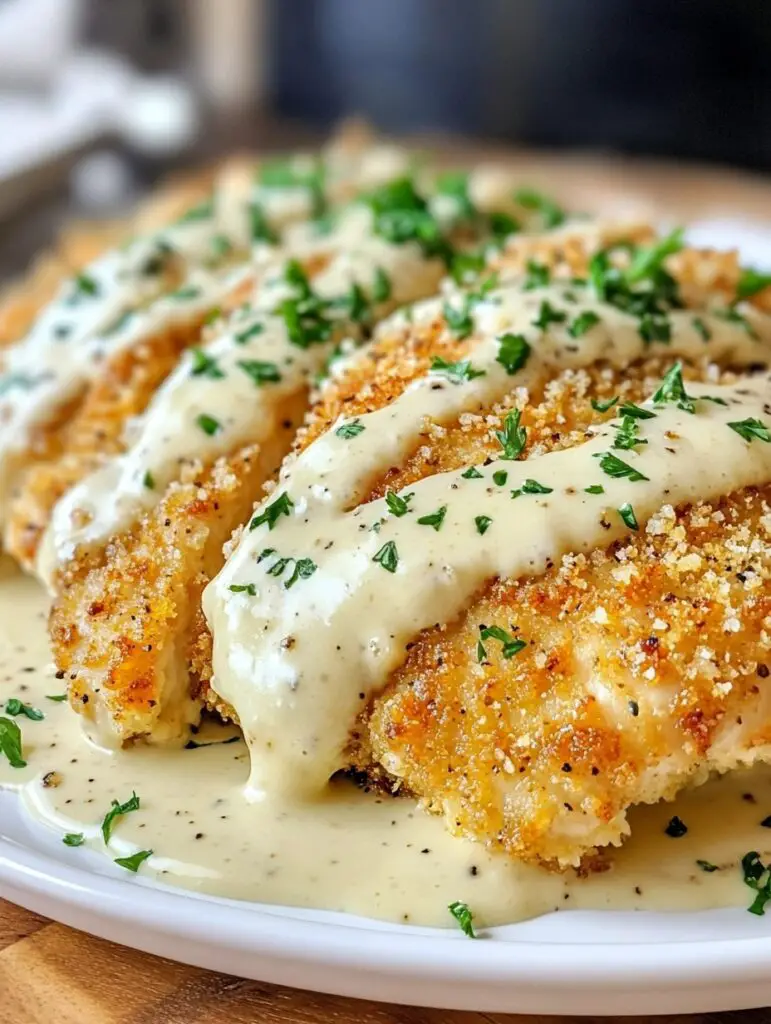 Knuspriges Parmesan-Hühnchen mit Alfredo-Sauce begeistert!