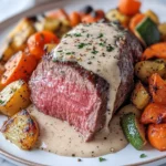 Rinderfilet mit Knoblauch-Dijon-Sahnesauce und geröstetem Gemüse