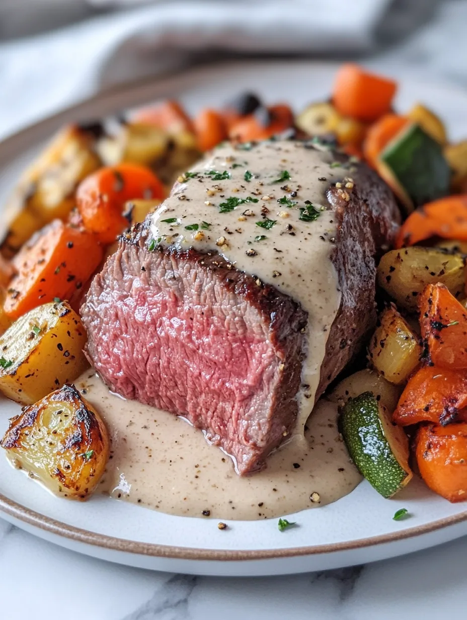 Rinderfilet mit Knoblauch-Dijon-Sahnesauce und geröstetem Gemüse