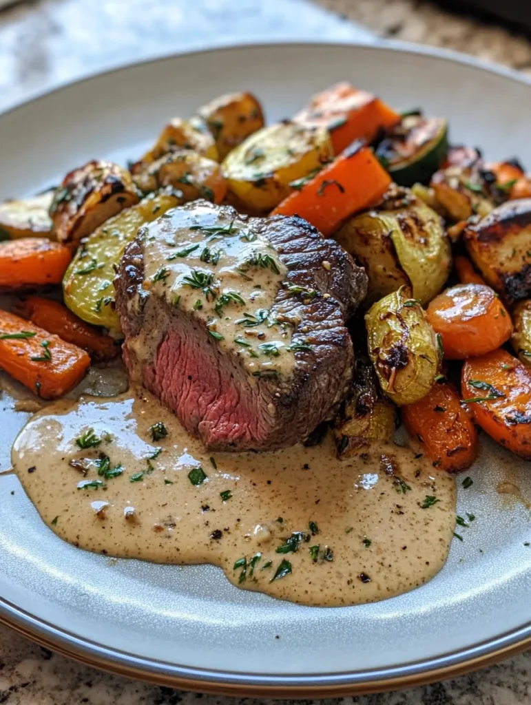 Rinderfilet mit Knoblauch-Dijon-Sahnesauce und geröstetem Gemüse