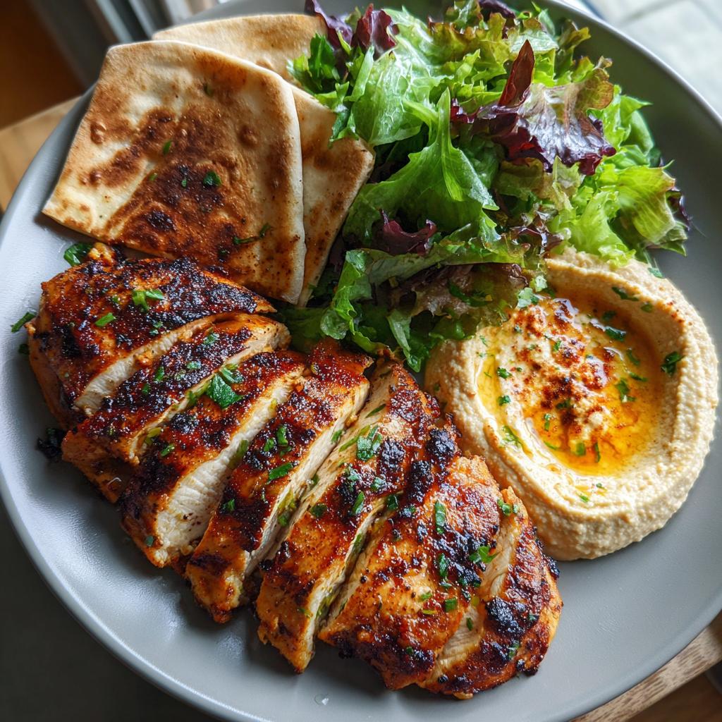 Gegrilltes Hähnchen mit Hummus und Pita