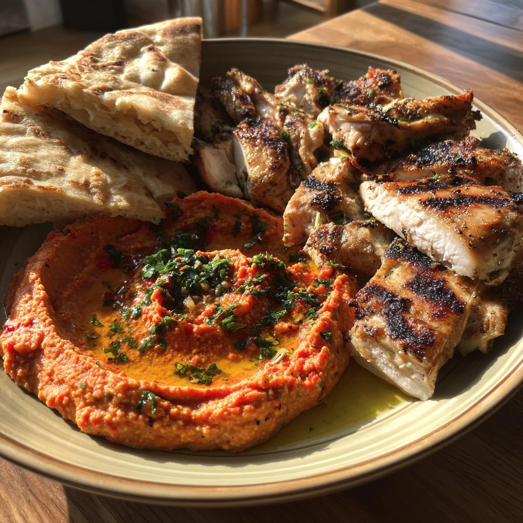 Gegrilltes Hähnchen mit geröstetem Paprika-Hummus und Pita - detail 1