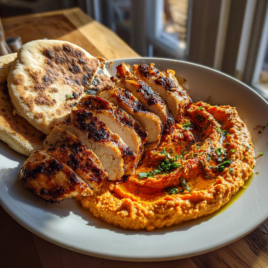 Gegrilltes Hähnchen mit geröstetem Paprika-Hummus und Pita