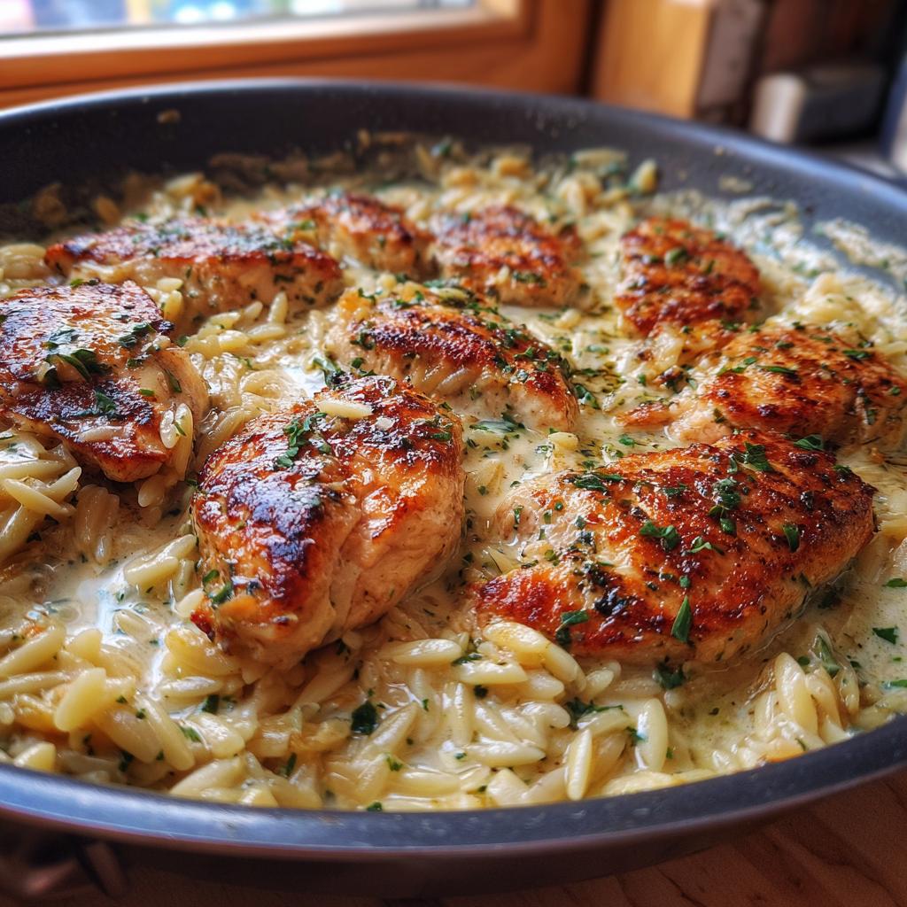 Eine-Pfanne-Zitronen-Butter-Dijon-Hähnchen mit Orzo und Feta-Soße - detail 1