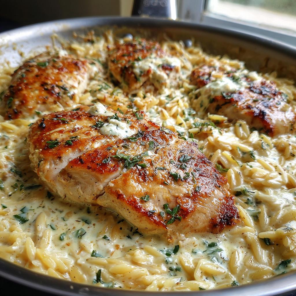 Eine-Pfanne-Zitronen-Butter-Dijon-Hähnchen mit Orzo und Feta-Soße