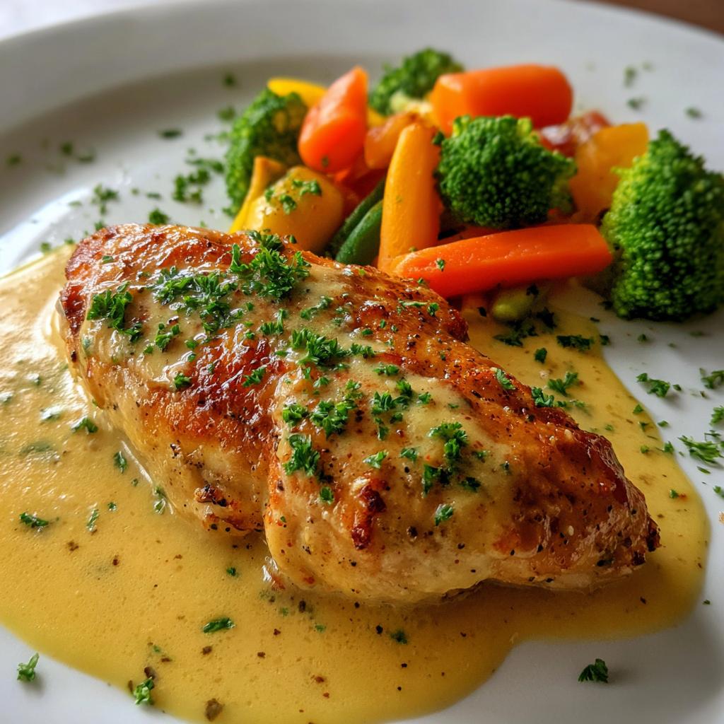 Hähnchen in cremiger Senfsauce mit gedünstetem Gemüse - detail 1
