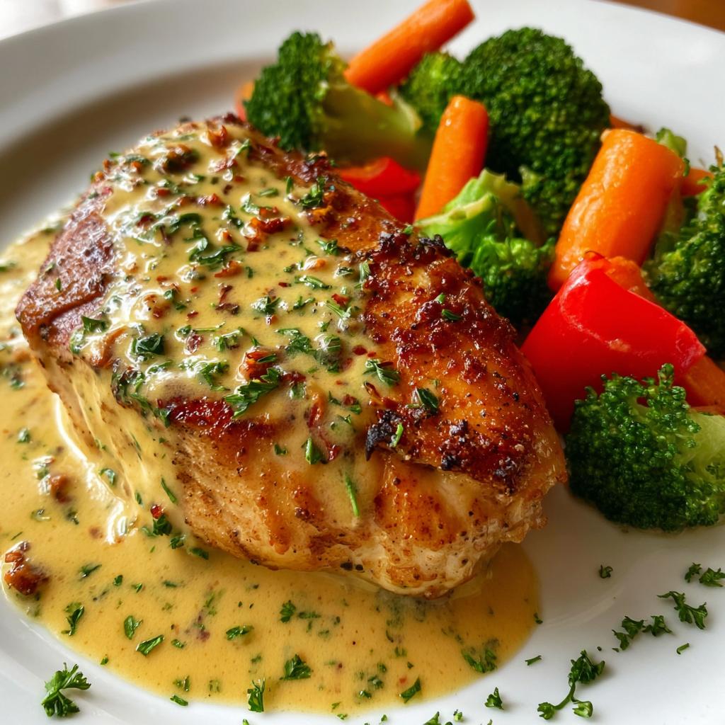 Hähnchen in cremiger Senfsauce mit gedünstetem Gemüse