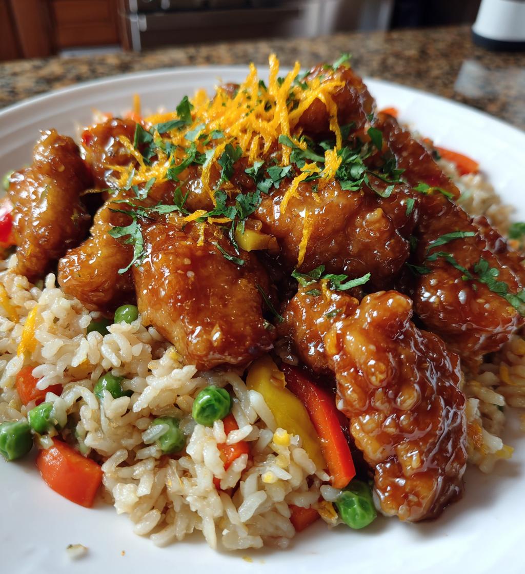Orangenhähnchen mit gebratenem Reis