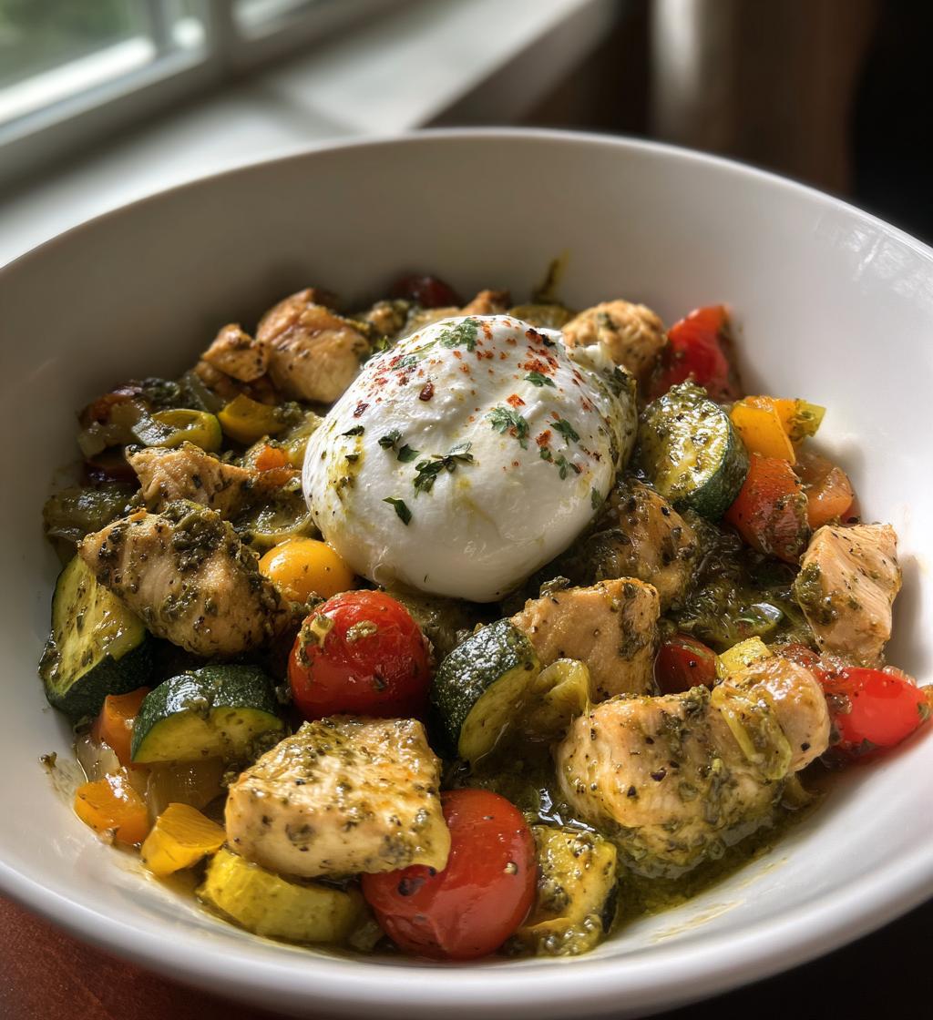 Pesto-Hähnchen & Gemüsepfanne mit Burrata