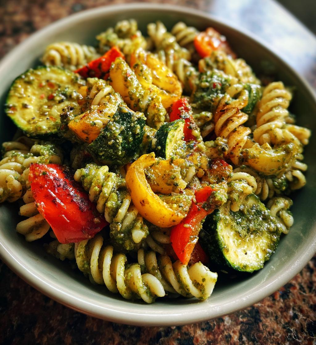 Pesto-Pasta mit geröstetem Gemüse