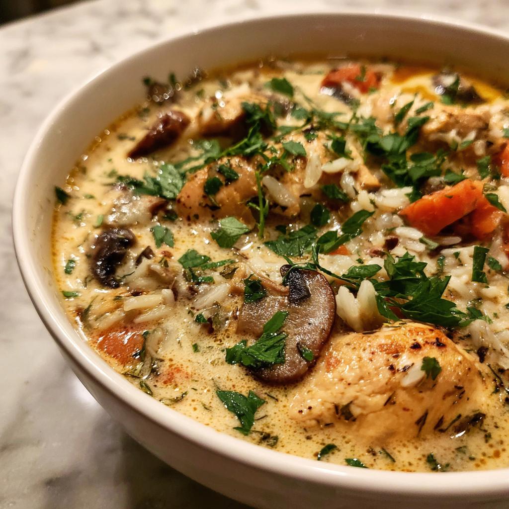 cremige Pilz-Hähnchen-Wildreissuppe