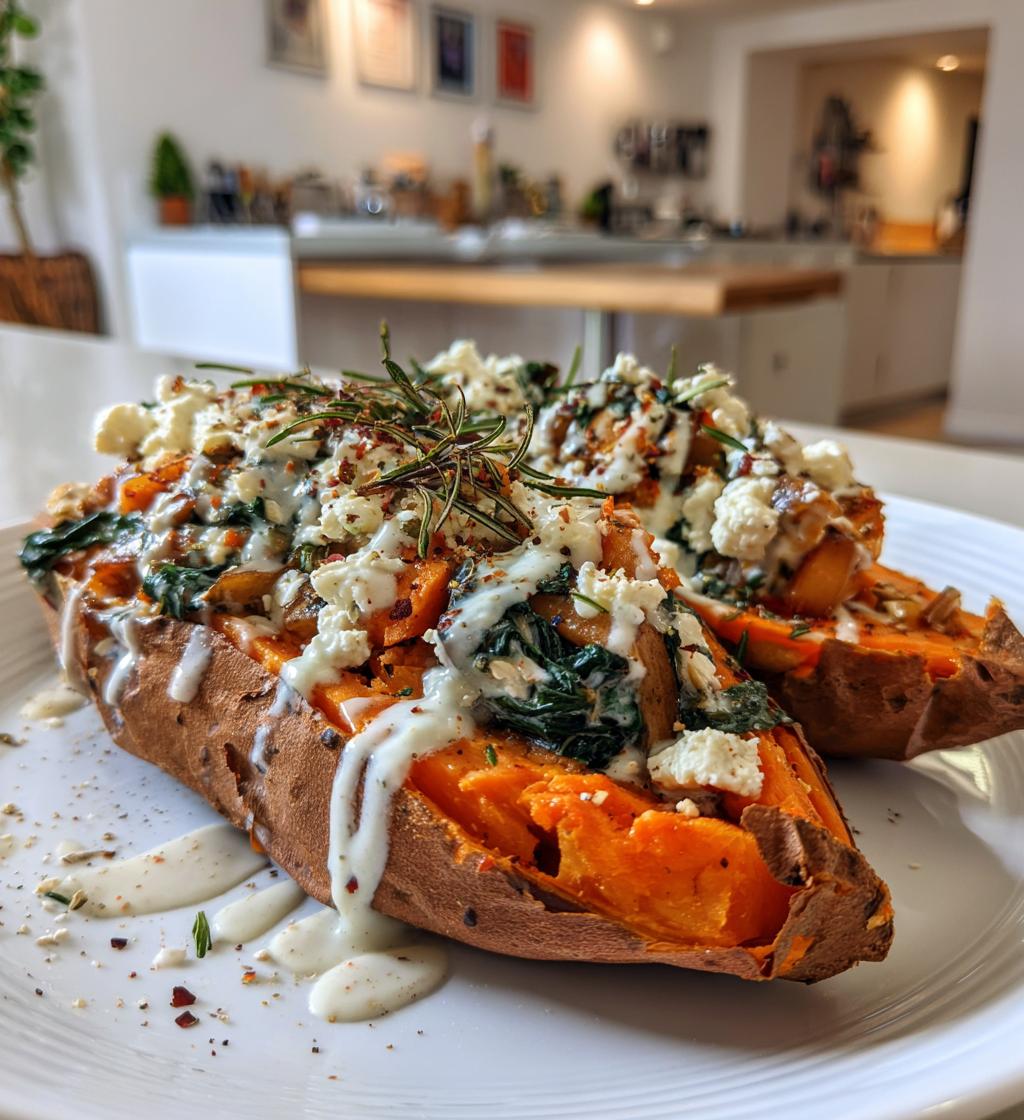 Gefüllte Süßkartoffeln mit Spinat, Champignons, Feta und Rosmarin mit Joghurtsoße
