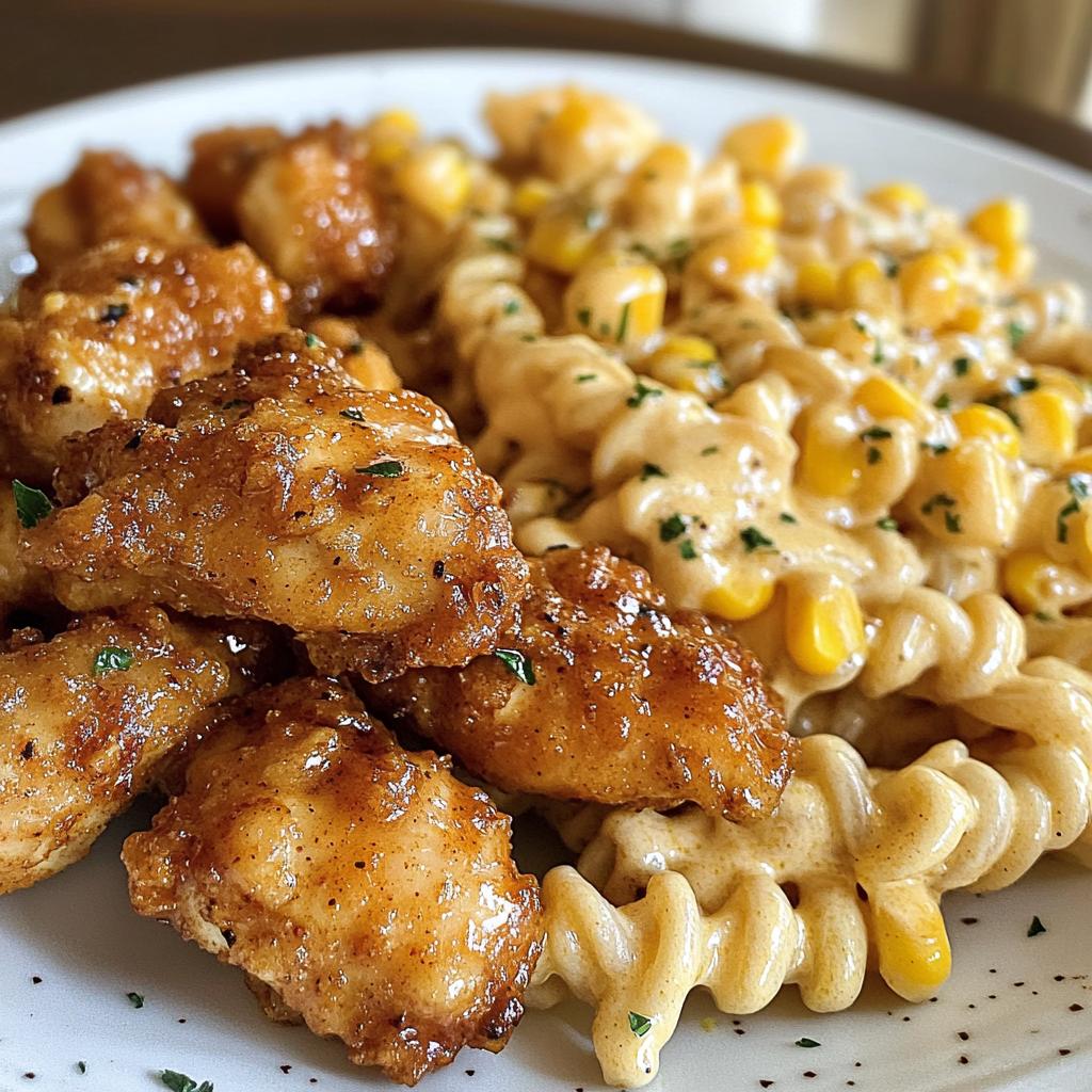 chili garlic butter chicken bites with creamy cajun corn alfredo twists