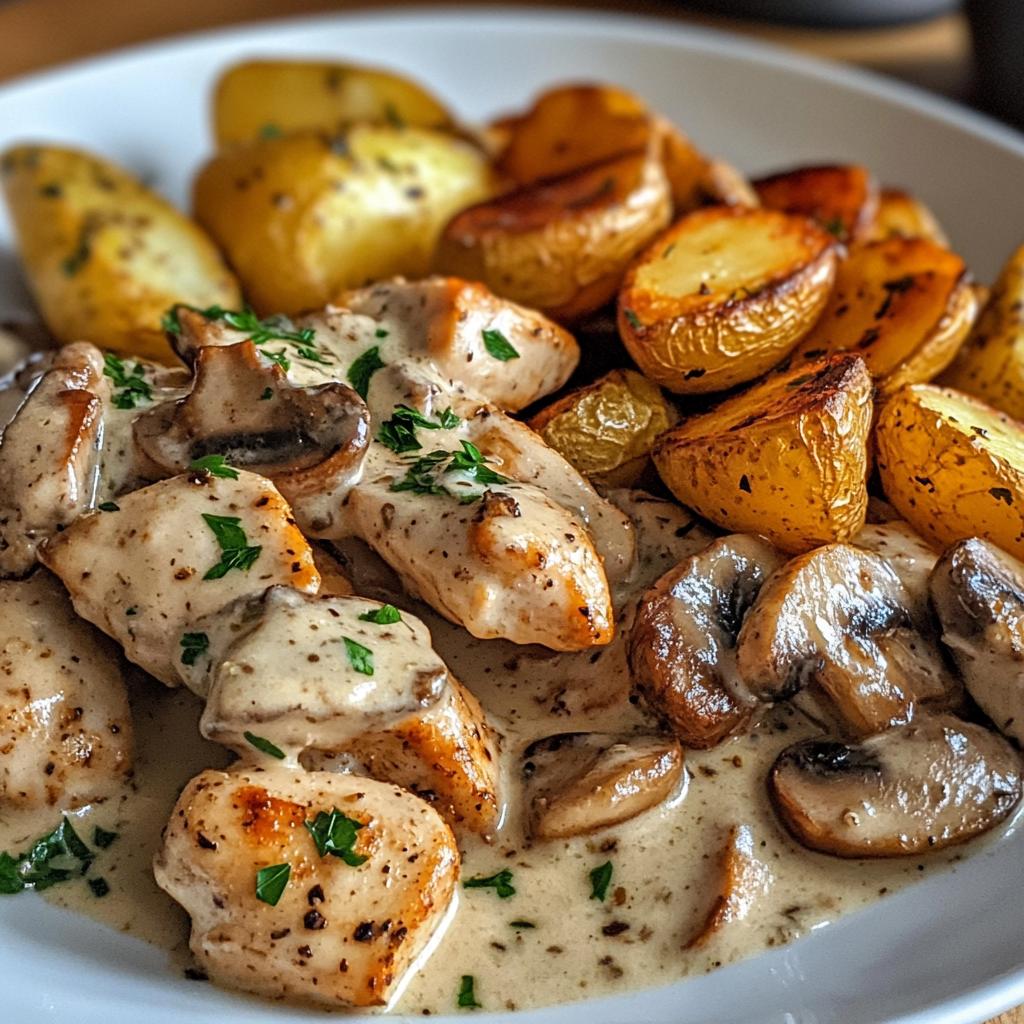 creamy mushroom chicken alfredo recipe with hot honey roasted potatoes - detail 1