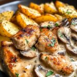 creamy mushroom chicken alfredo recipe with hot honey roasted potatoes